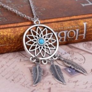 Long dream catcher necklace with turquoise stone